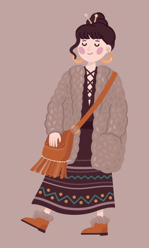 Boho outfit girl in fur coat vector