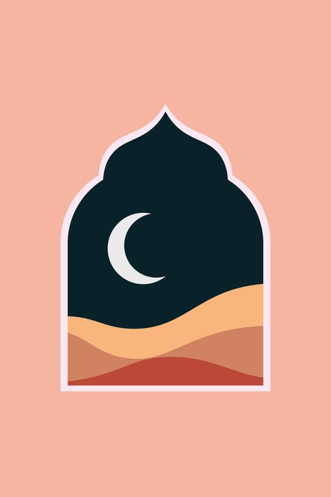 Minimalist design Ramadan Mubarak greeting card. Window and arch with moon, mosque dome. vector