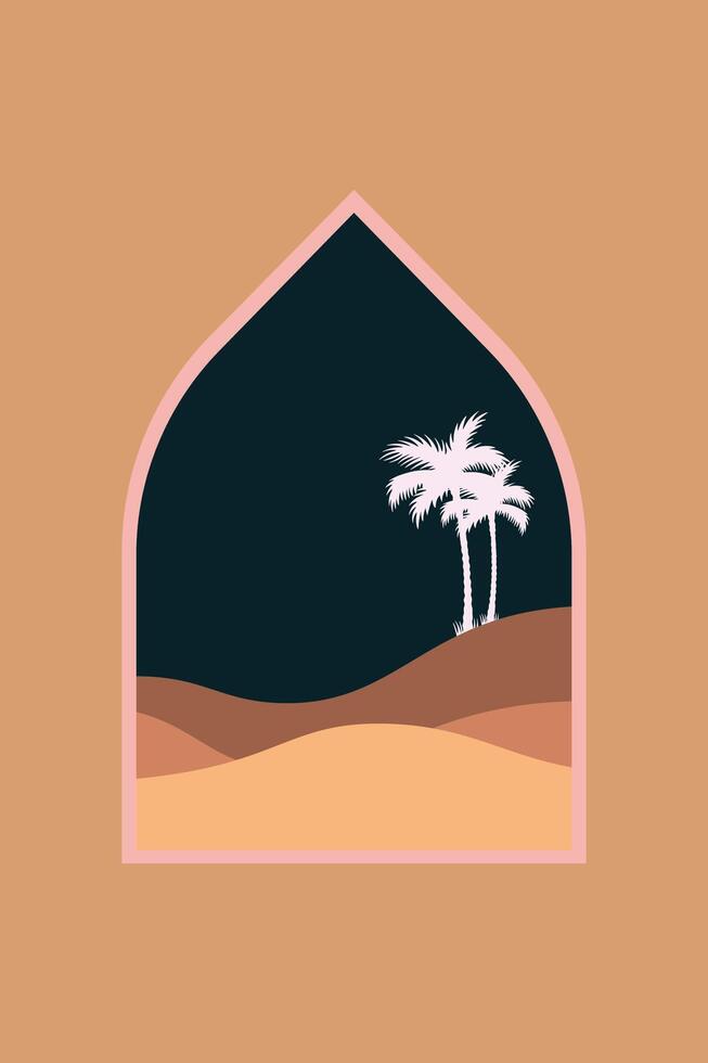 Minimalist design Ramadan Mubarak greeting card. Window and arch with moon, mosque dome. vector