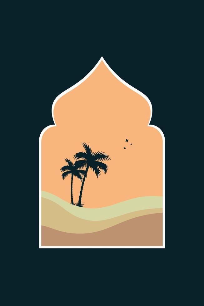 Minimalist design Ramadan Mubarak greeting card. Window and arch with moon, mosque dome. vector