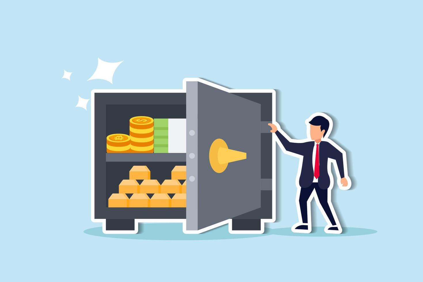 Alternate financial assets Bitcoin, cash, gold for retirement investment plan concept, businessman investor standing with security safe with full of cash, gold and bitcoin inside vector