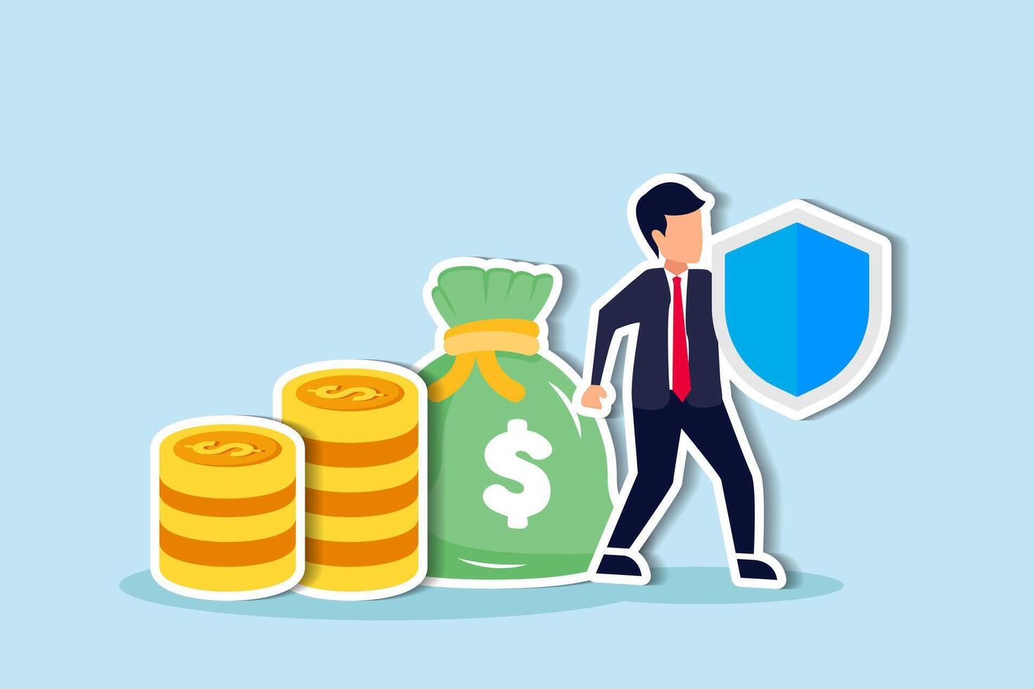 Protecting wealth through diversified investment portfolios in volatile markets or safeguarding savings during financial crises, businessman expert with strong shield to protect money coins stack. vector