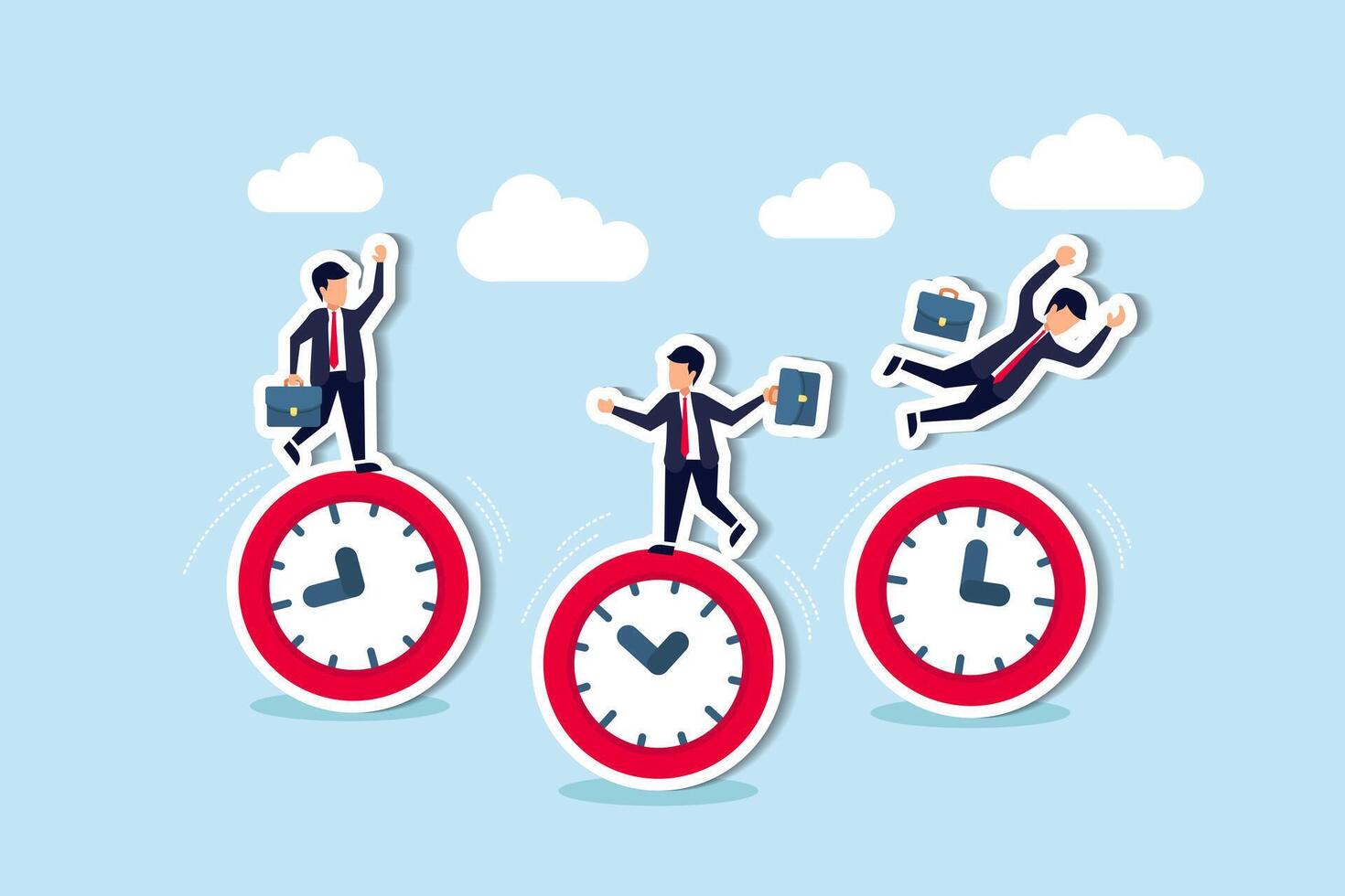 Efficient time use, meet deadlines, enhance productivity concept, businessmen riding rolling clock face with confidence skillful man in the middle success manage to reach target vector