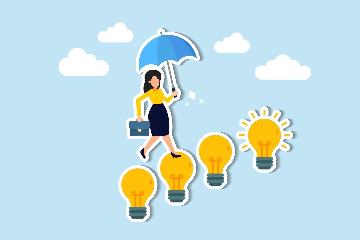 Career success through business acumen, creativity, female leadership, and career growth achievements concept, smart businesswoman walking on innovative light bulb idea lamp as stairway to success. vector