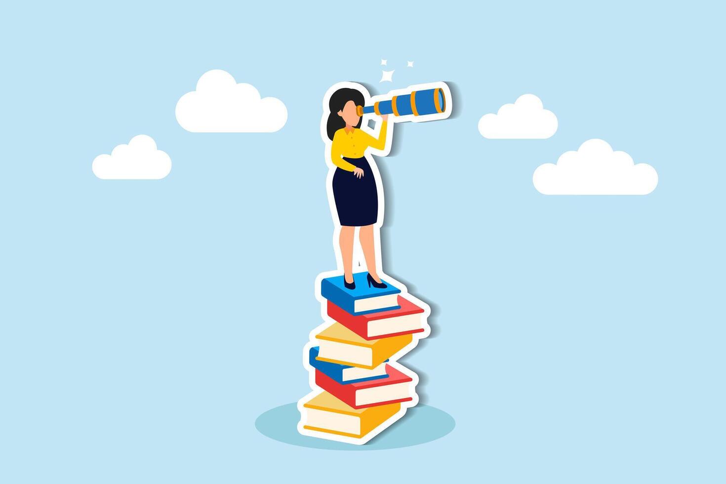 libros camino a carrera crecimiento, ofrecimiento sabiduría para visionario líderes, Fomentando liderazgo y apoderarse oportunidades concepto, confianza mujer de negocios líder en alto libros apilar Mira mediante telescopio. vector