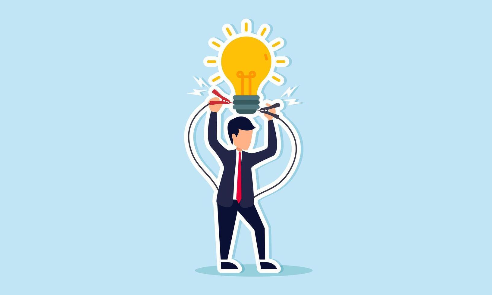 Kickstart new business idea with problem solving knowledge and creative solutions concept, businessman connect electricity to lightbulb idea to lit up bright metaphor of solution idea. vector