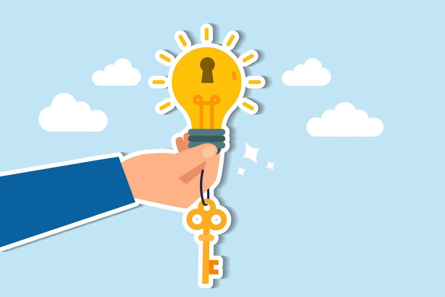 Success key creative problem solving, innovation, and unlocking career potential through knowledge concept, businessman hand giving bright lightbulb idea with keyhole and golden key to unlock it. vector