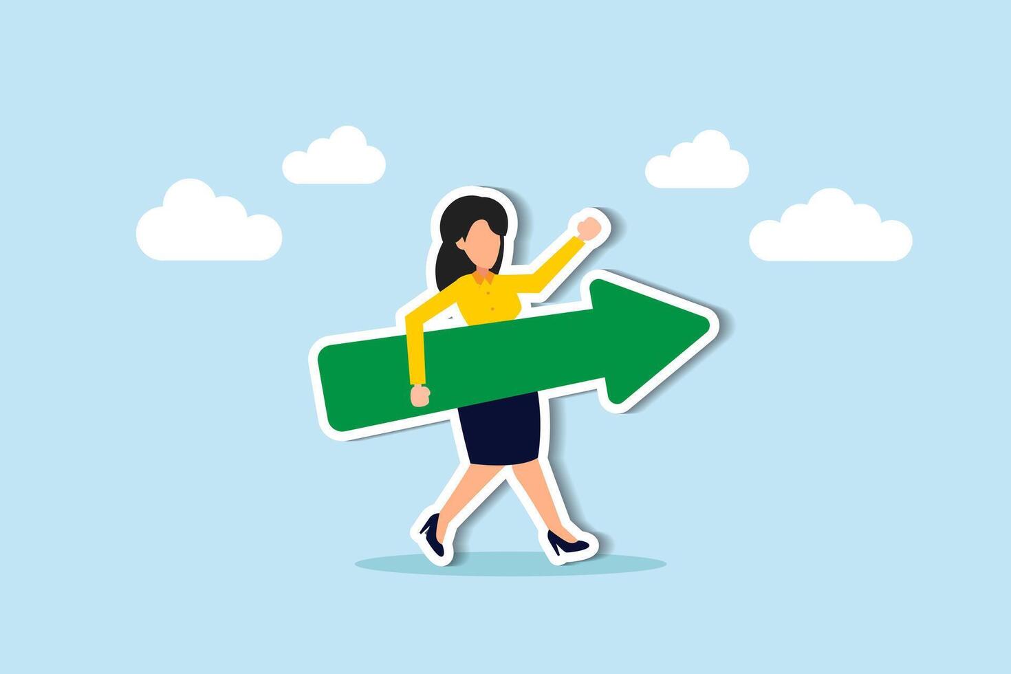 Advancing for future success, business direction, determination or courage, career path to success, opportunity or mission concept, confidence businesswoman running with arrow direction. vector
