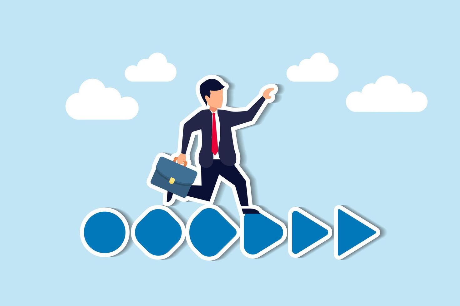 Business evolves, implementing plan for progress, growth, and transformation concept, confidence businessman business owner walk on circle transform to triangle forward arrow. vector