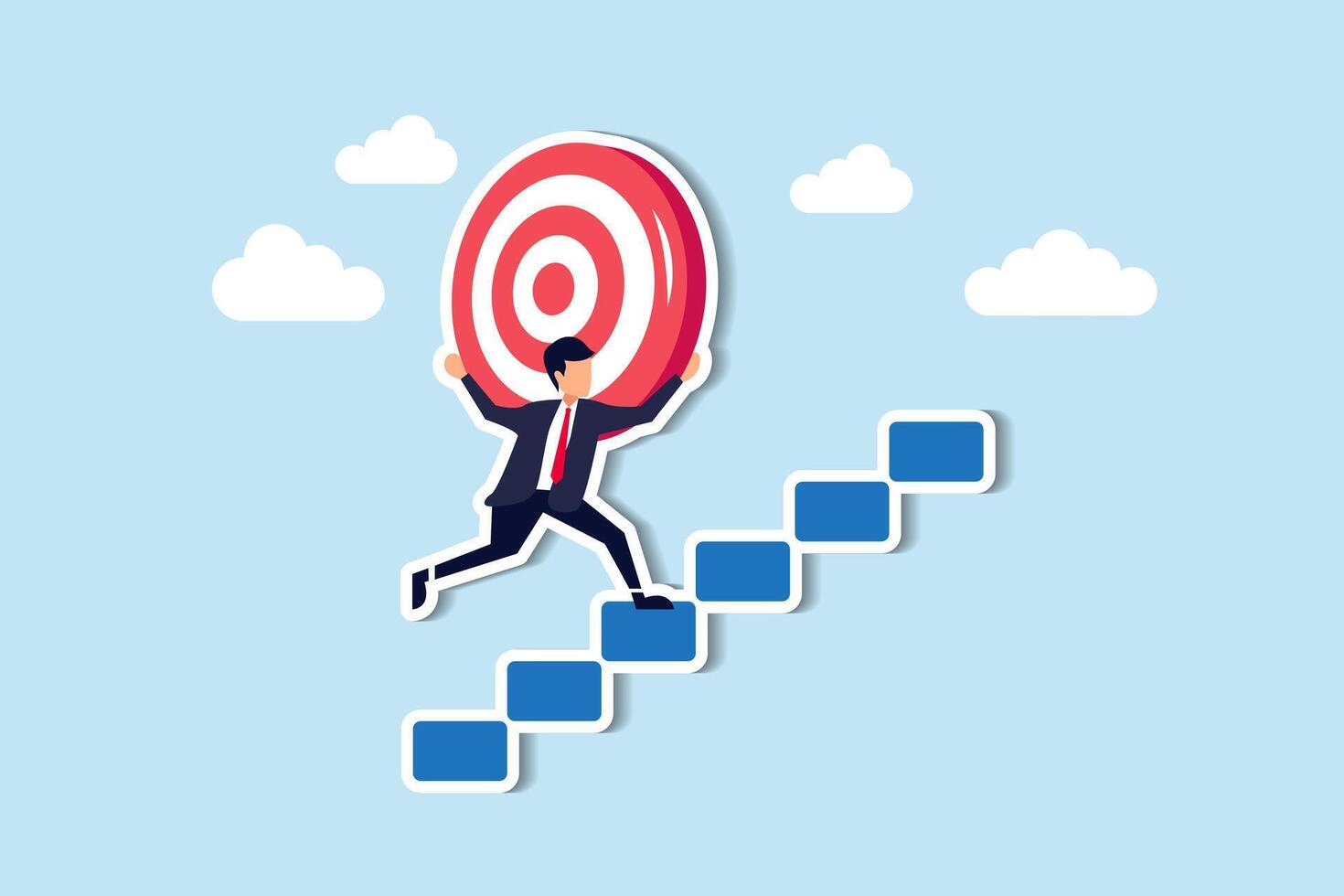 Striving with ambition to achieve goals, overcoming challenges to reach higher targets in business or career concept, strong businessman carry big target on his shoulder walking up the stairs. vector