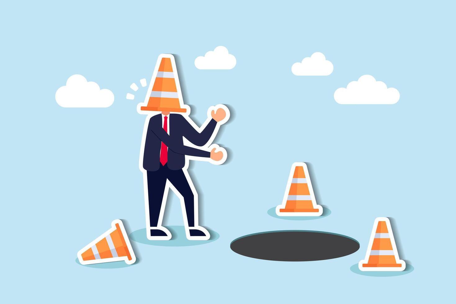 Lost in business direction, facing mistakes or failure, traps or crises ahead, risks and uncertainty concept, blindfold businessman cover with pylon walking to fall into the hole or business trap. vector
