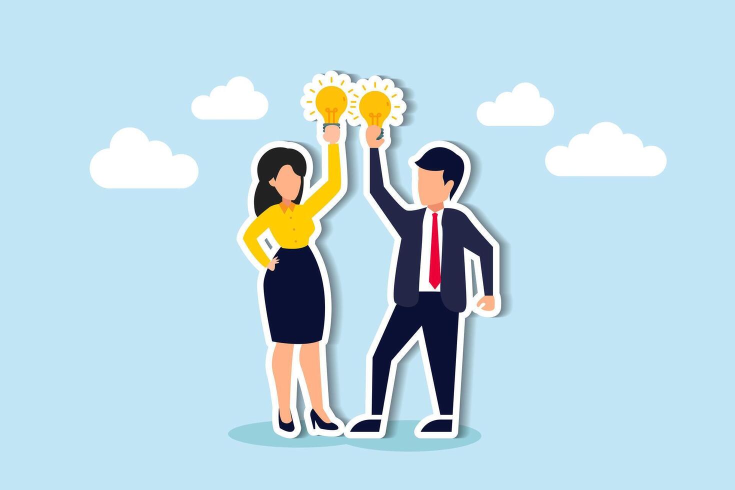 Exchanging ideas fosters creativity, innovation, brainstorming, sharing intelligence data, communication, discussing, and learning together, businessman and woman share lightbulb idea to colleagues. vector