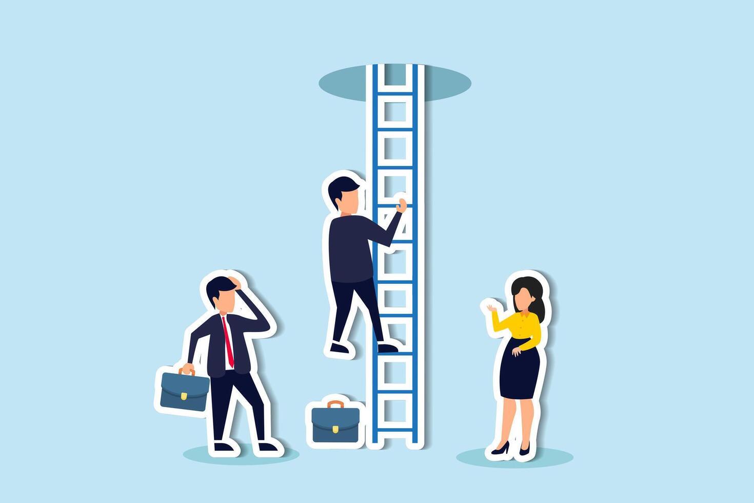Motivation and hopefulness drive problem solving, facing challenges with courage to attain freedom and overcome fear concept, businessman climb up ladder to light shining way out. vector