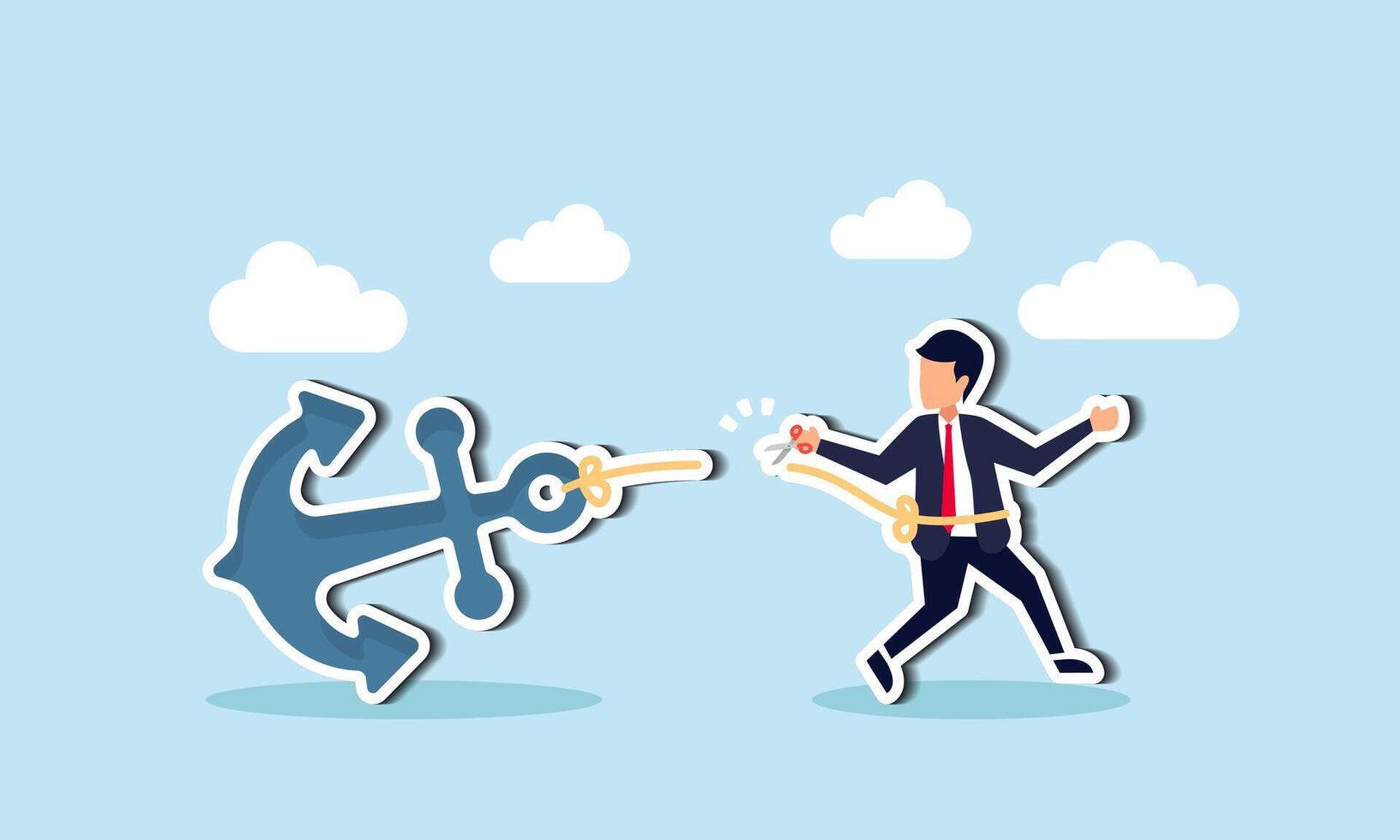 Breaking free from bad habits brings relief, employing psychological anchoring to lighten burdens and foster growth concept, businessman using scissor to cut the rope tie himself with big heavy anchor vector
