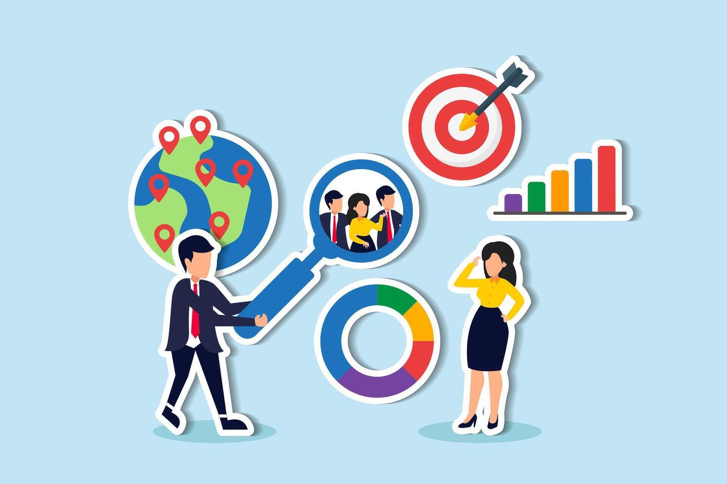 Marketing research analyzing user behavior, studying target groups for effective advertising marketing strategies concept, businessman looking at big magnifier with customer group to see data analysis vector