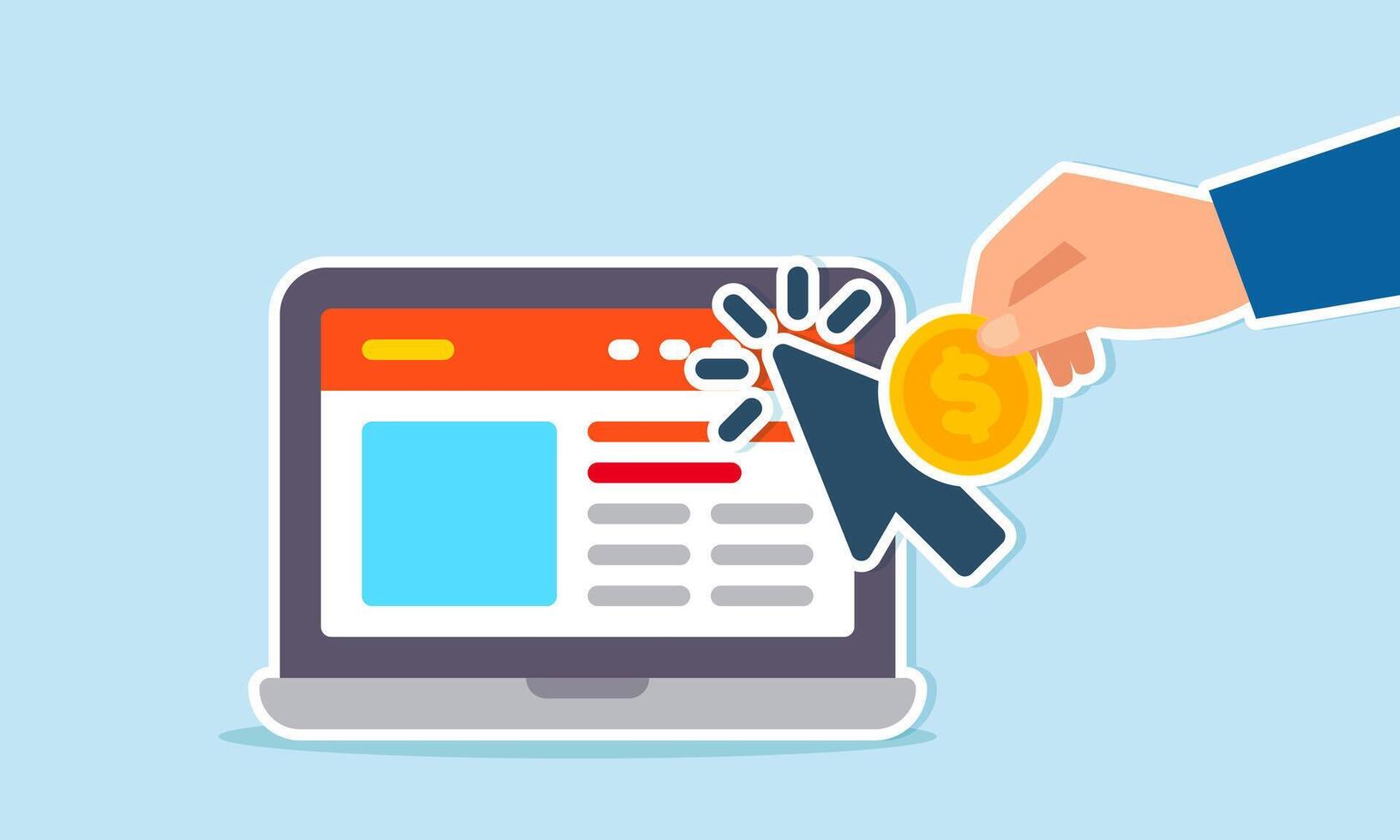 Paid media online ads, pay per click marketing campaigns driving user traffic to websites concept, businessman marketer push money coin into mouse pointer to click to website. vector