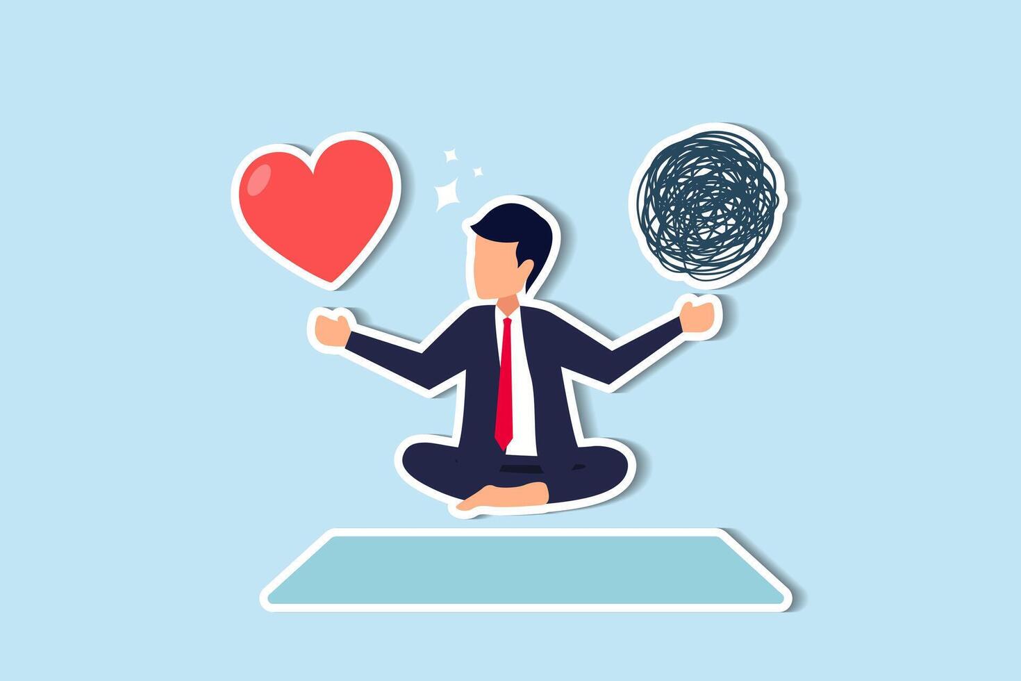 Balancing work focus and mental health for stress management, emphasizing work-life balance, meditation, and relaxation businessman meditate floating balancing messy chaos and work passion heart shape vector