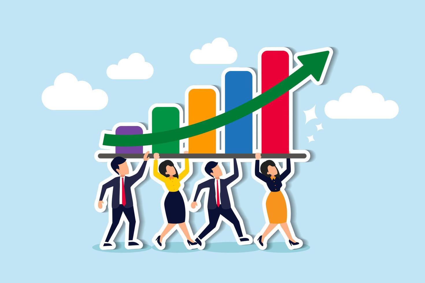 Business advances through growth, improvement, and strategic team planning, progressing towards success concept, business people employees help carrying growing graph together. vector
