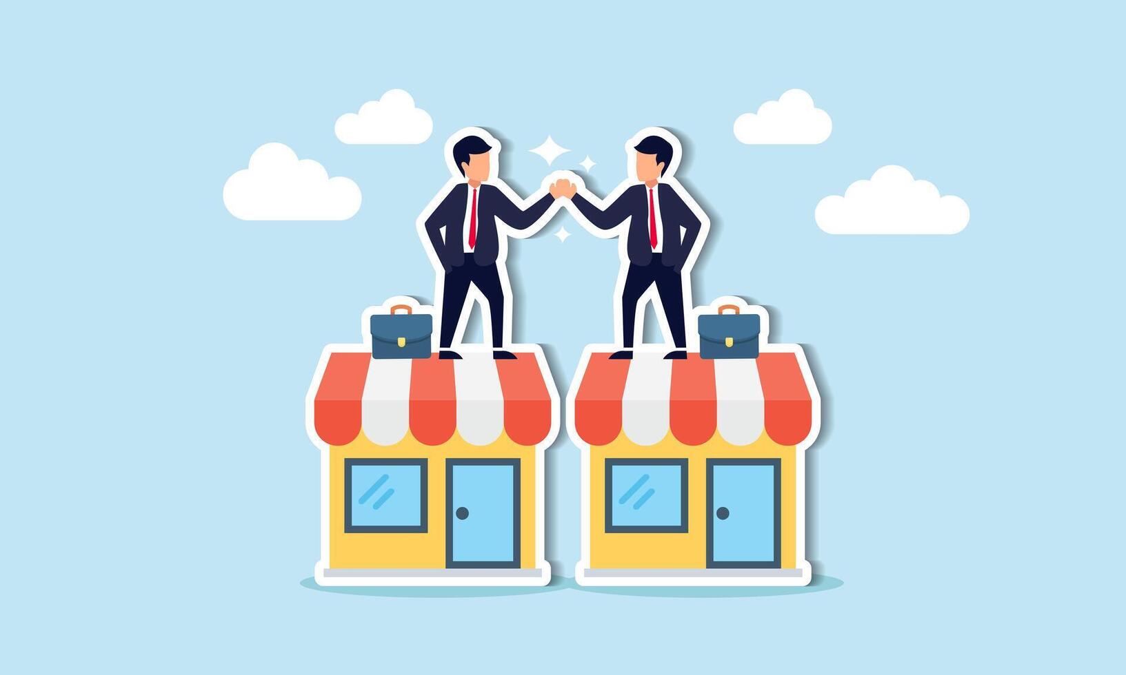 B2B sales involve business to business agreements, enterprise commerce, and trade between companies and suppliers concept, businessman owner handshake on enterprise shop for B2B agreement. vector