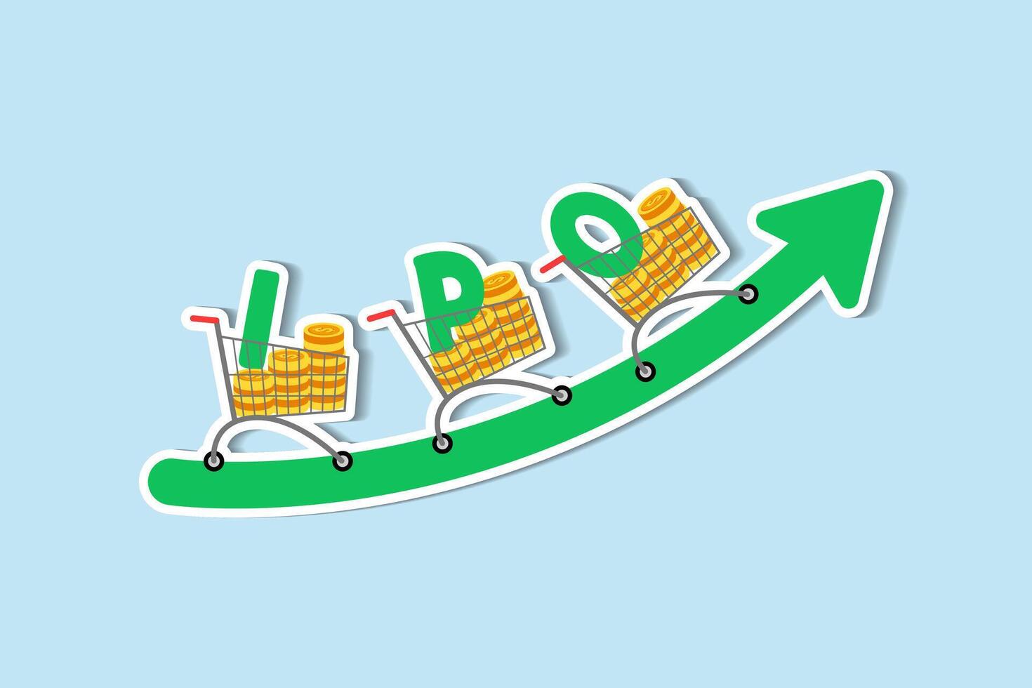 IPO Fresh shares, company enters stock market for trading concept, cart with money coins with the alphabet IPO riding on green rising up trading price graph. vector