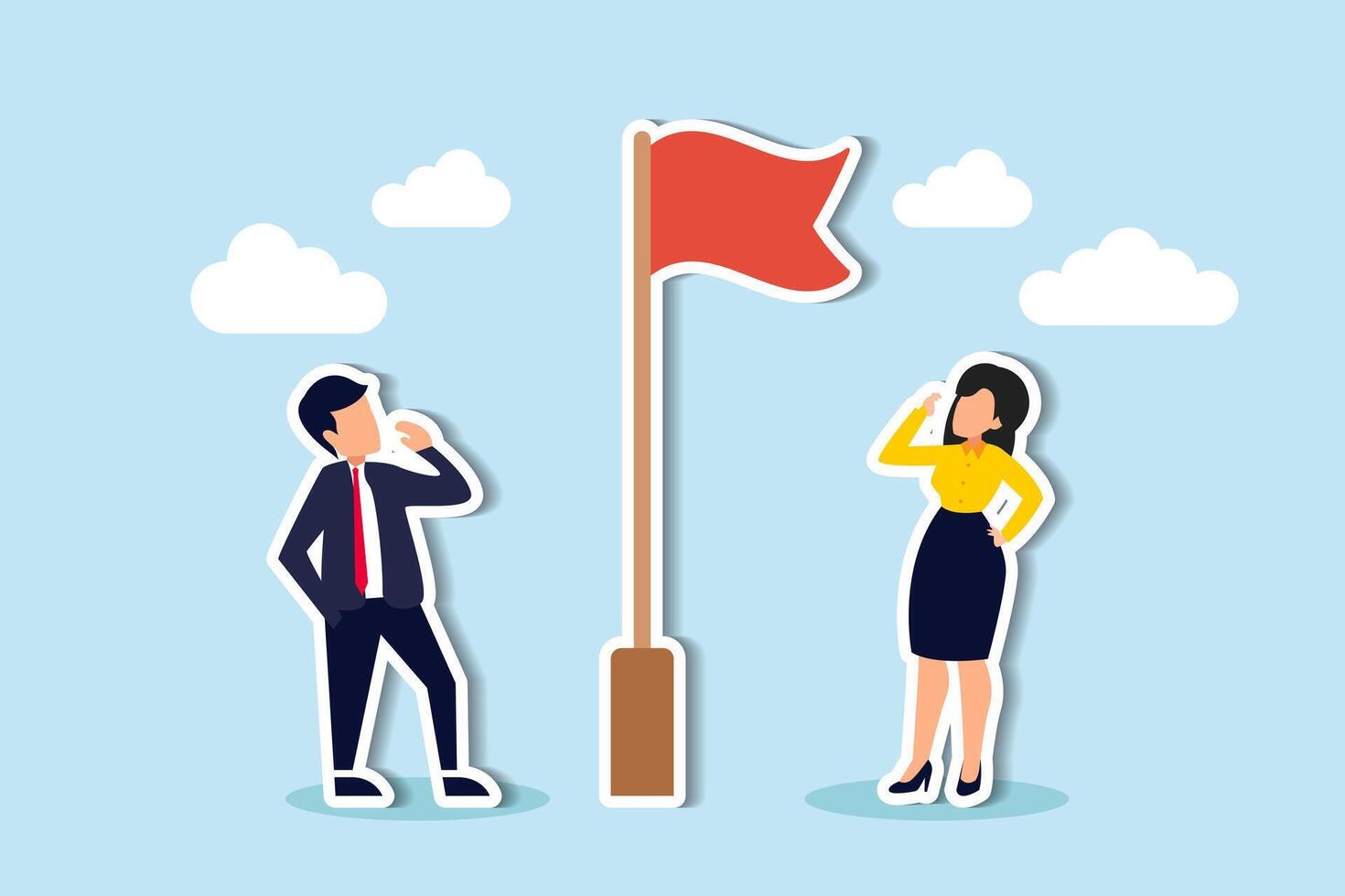 A red flag warns of potential business or economic disasters, advising caution and alertness to looming threats concept, thoughtful businessman and businesswoman look at red flag warning. vector