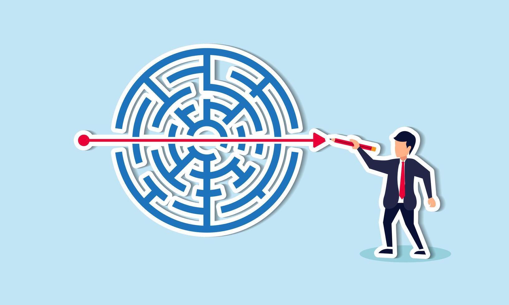 Addressing business challenges entails creativity, imagination, strategizing, and planning for success concept, businessman solve labyrinth or maze puzzle by straight line arrow. vector