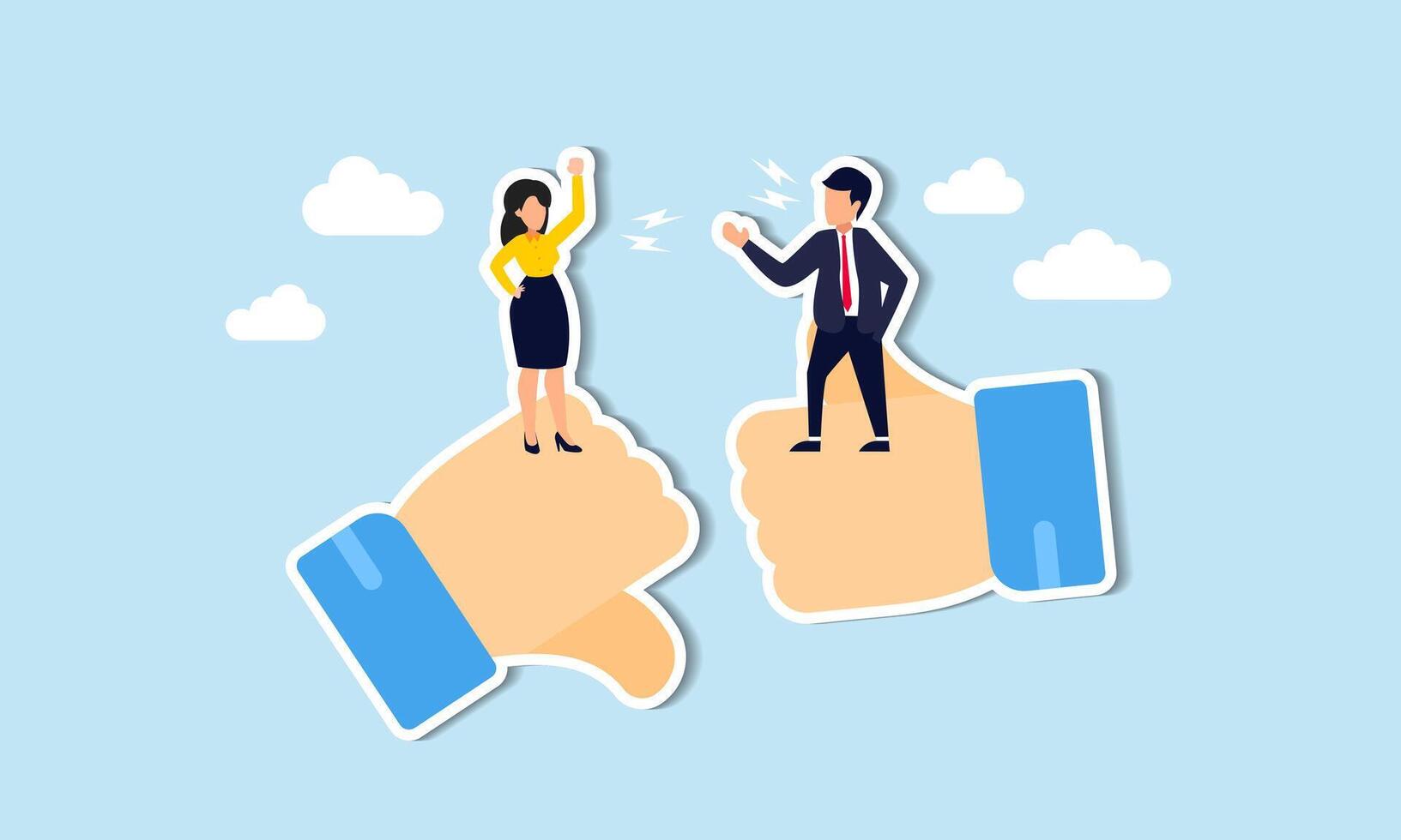 Controversy arises from differing opinions, leading to disagreement, confrontation, and rivalry concept, businessman and woman furious arguing on difference thumb up and down. vector