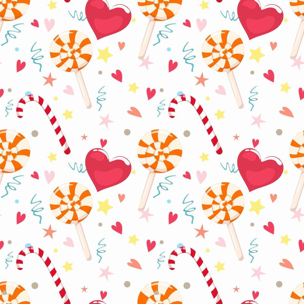 Vector seamless party background with hearts, candy and holiday decorations. Great for party decorations, textiles, banners, wallpapers and gift wrapping.