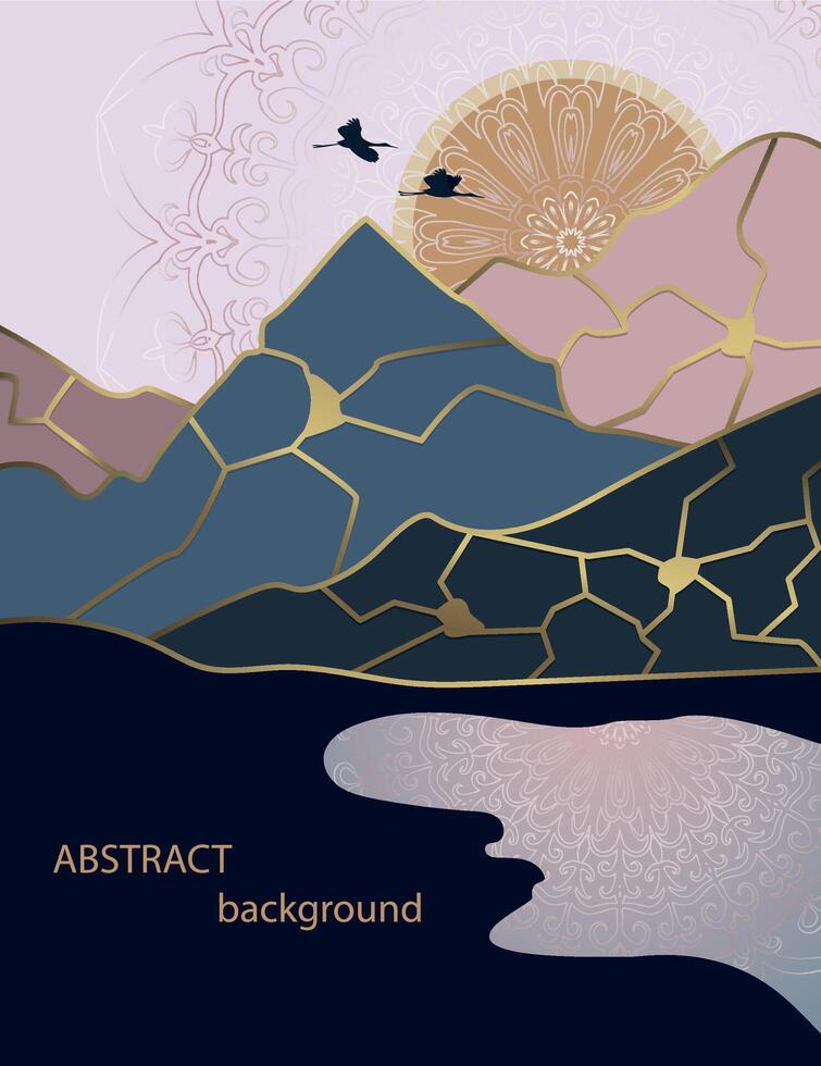 resumen antecedentes puesta de sol en el montañas. mandala y dorado contorno de montañas. kintsugi Arte. vector