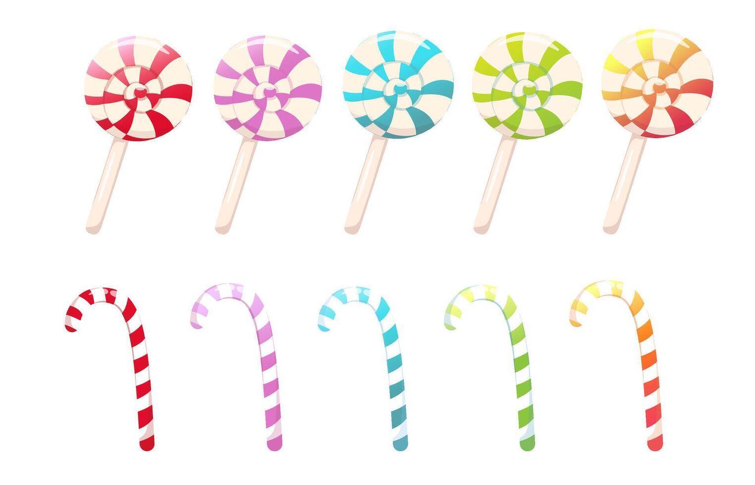 Collection of sweet spiral lollipops on white sticks. Multicolored sugar candies. A set of holiday candy canes. Christmas caramel candy cane with striped pattern. vector