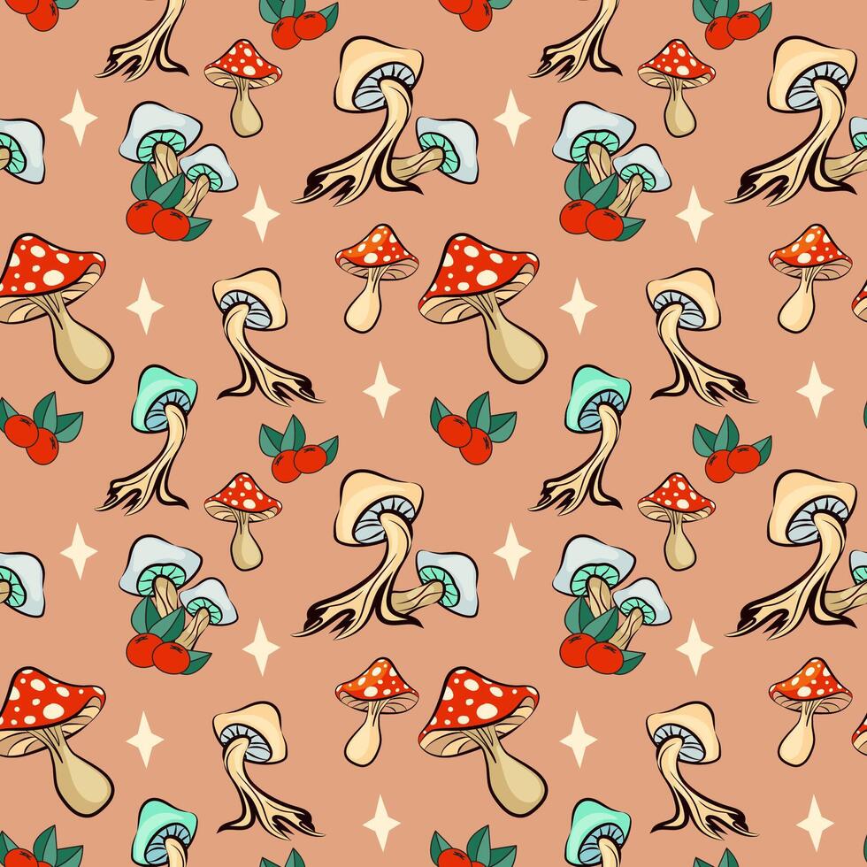 Vector seamless mushroom background for t-shirt, mug, bag, postcard design. Magical fly agaric and berry repeating pattern for print.