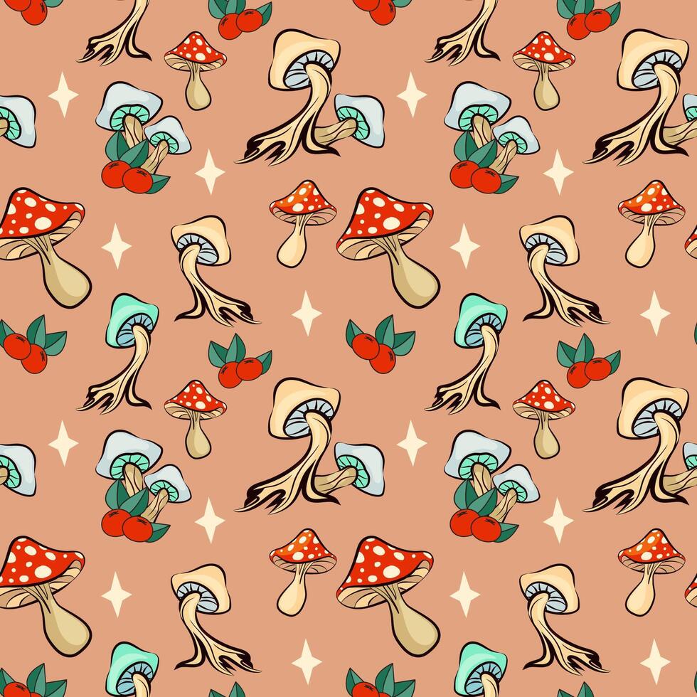 Vector seamless mushroom background for t-shirt, mug, bag, postcard design. Magical fly agaric and berry repeating pattern for print.