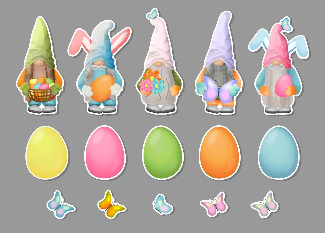 Sticker set with Easter eggs, gnomes and butterflies. Collection of Easter gnomes with bunny ears, colorful eggs. vector