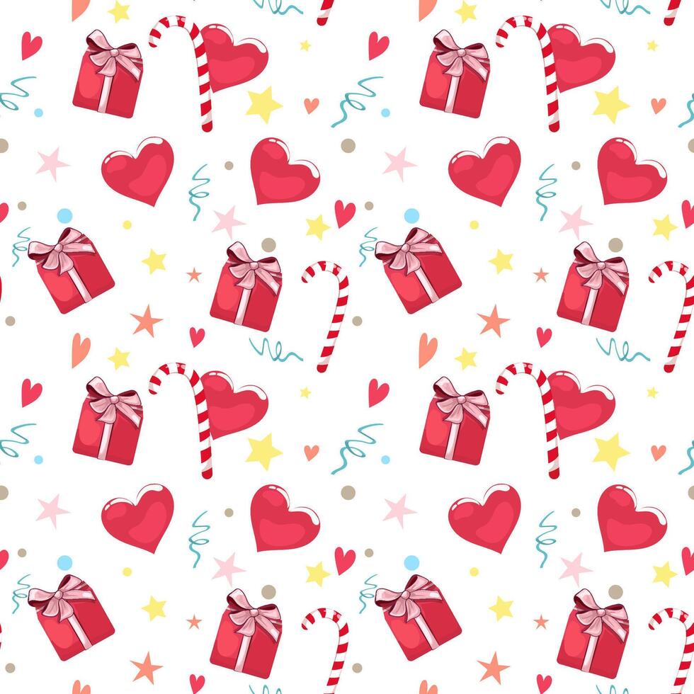 Seamless party background with gift boxes, hearts and holiday decorations. The repeating pattern is suitable for textiles, banners, wallpaper and gift wrapping. vector