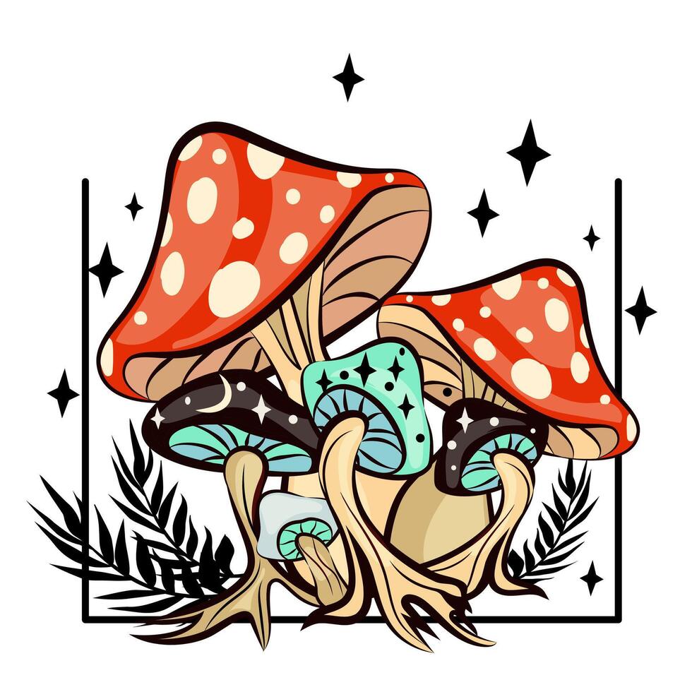 Magic mushrooms with moon and stars for esoteric theme. Hand drawn red and blue mushrooms. Vector drawing for t-shirts, mugs, bags, postcards design.