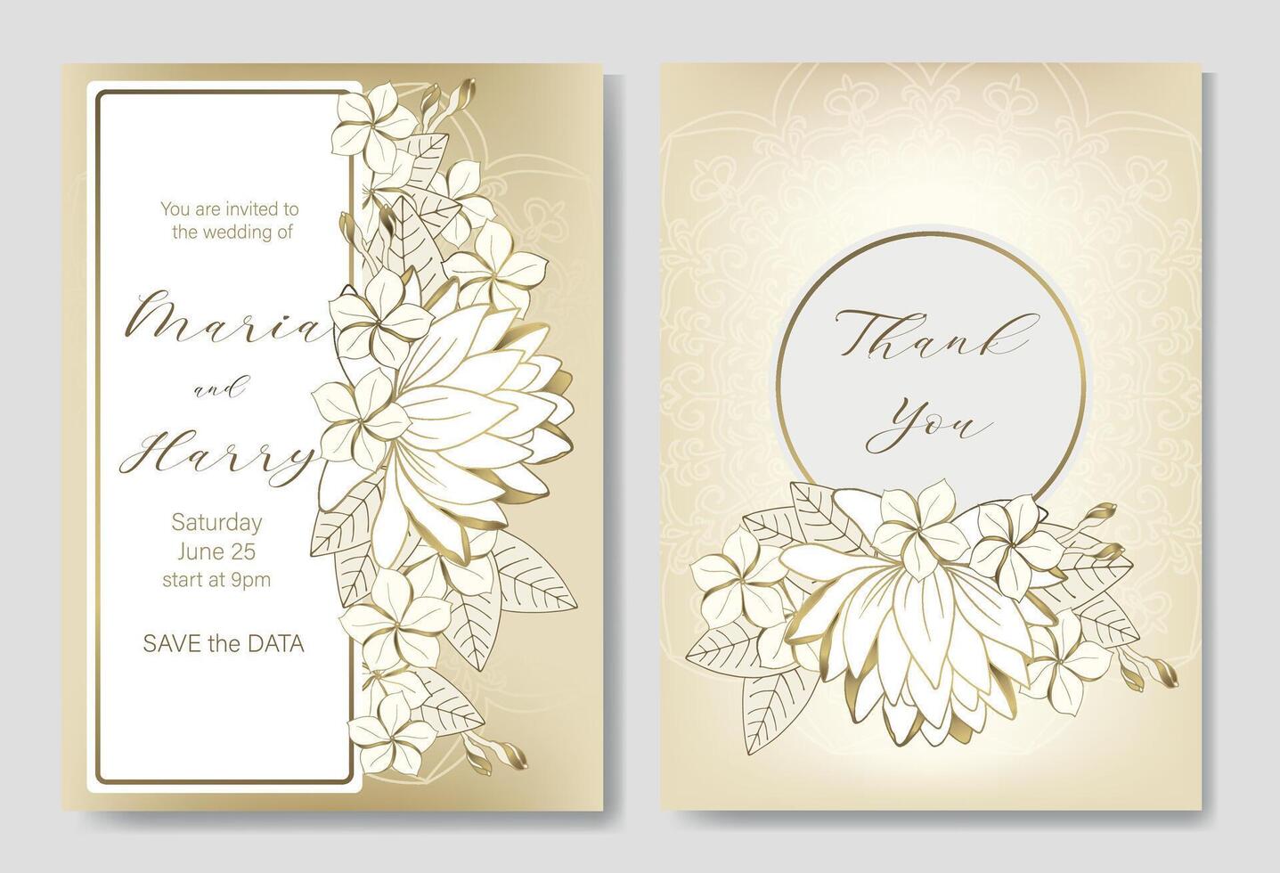Set of wedding cards. Golden outline of flowers, leaves and mandala. vector