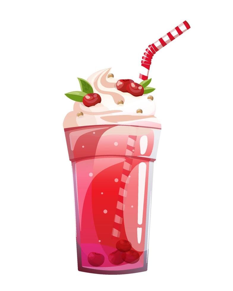 Berry refreshing cocktail with cranberries and garnished with whipped cream and berries. Healthy natural drink with straw. Realistic vector illustration in cartoon style.