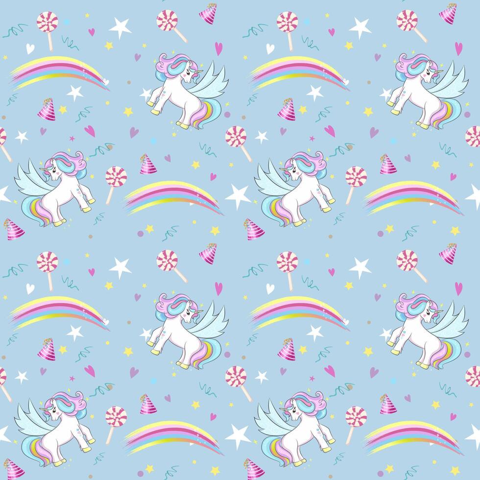 Cute cartoon unicorn with rainbow and confetti. Seamless pattern for fabric or wallpaper, gift wrapping paper. Brightly colored vector illustration for baby clothes.