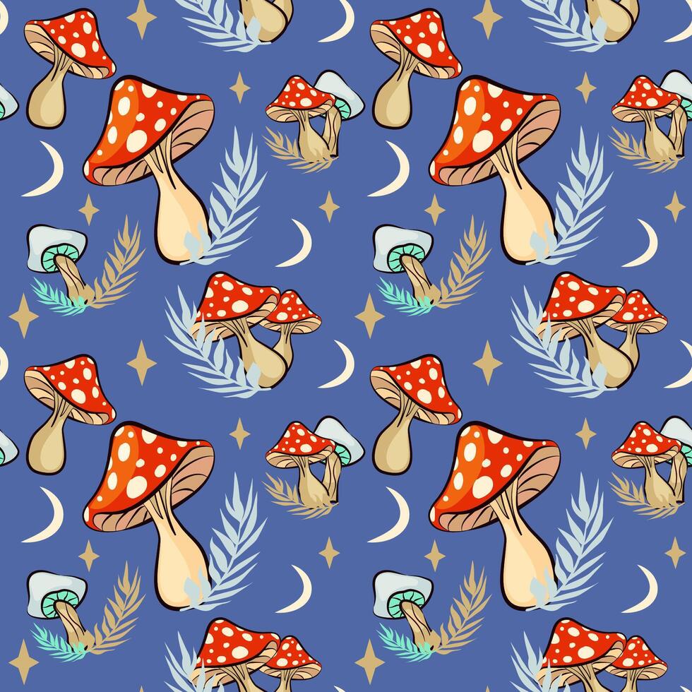 Seamless mushroom background. Magical fly agaric repeating pattern for print. Esoteric theme. Vector pattern with mushrooms for design t-shirts, mugs, bags, postcards.