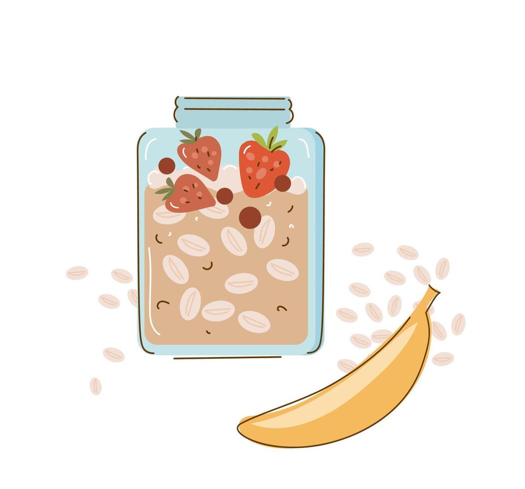 harina de avena desayuno ,avena zalamero con fresas y plátanos, hervido cereales y sano alimento. vector ilustración.