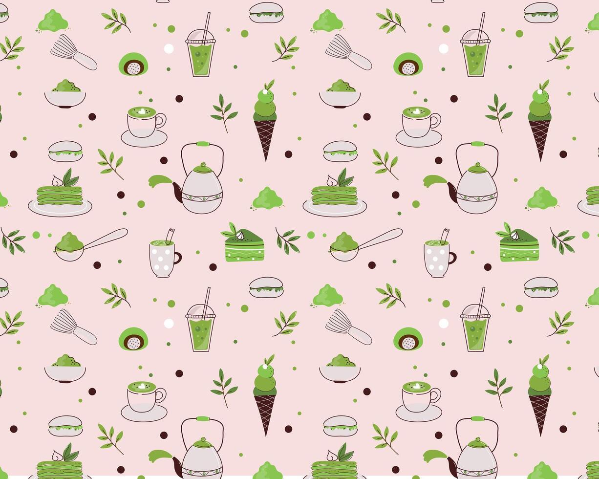 Seamless pattern Matcha tea vector set. Japanese ceremony tools preparation accessories set