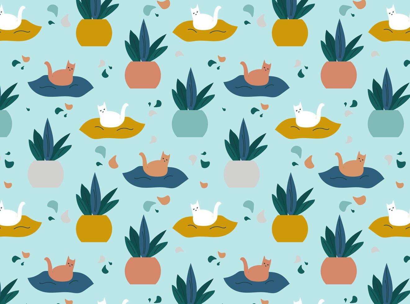 Seamless pattern with cats and house plants. the concept of hobby and home comfort. home textiles vector