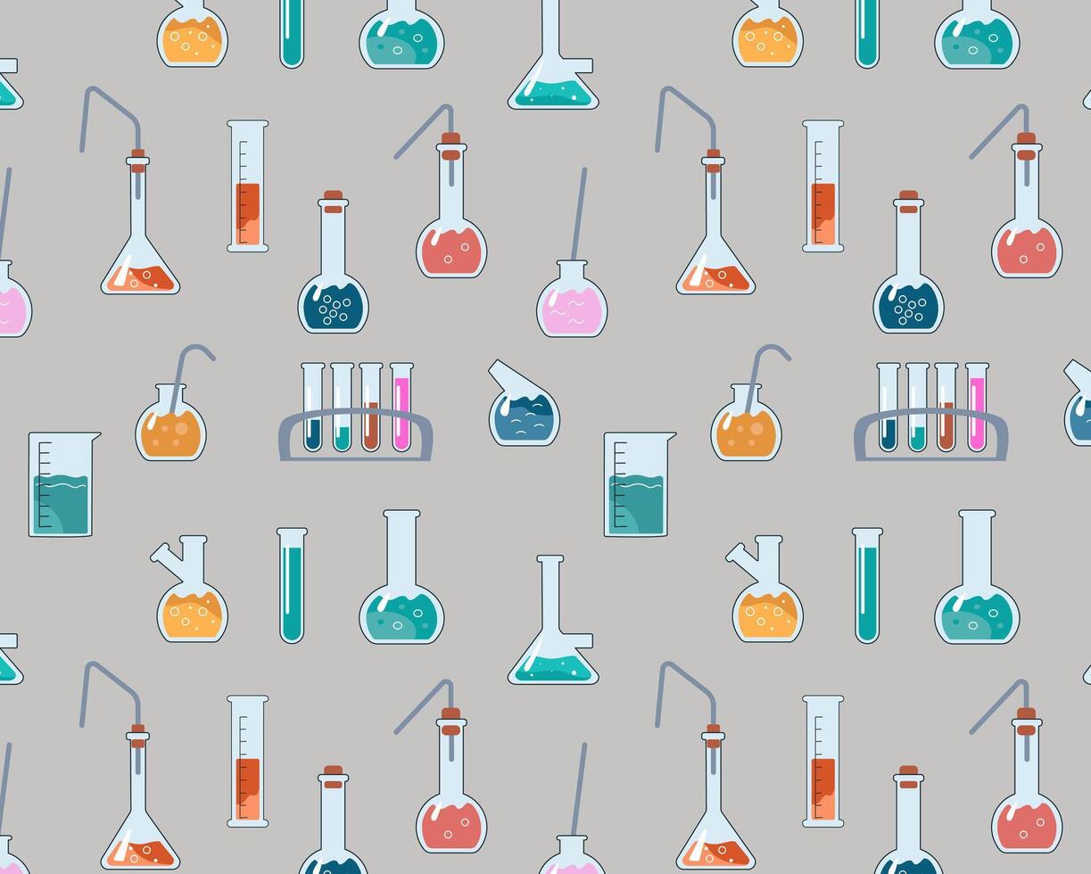 Seamless Pattern School Chemistry Class Transparent glass flasks and retorts, glassware for the chemical laboratory. Test tubes for scientific research. Chemical equipment for experiments. Vector