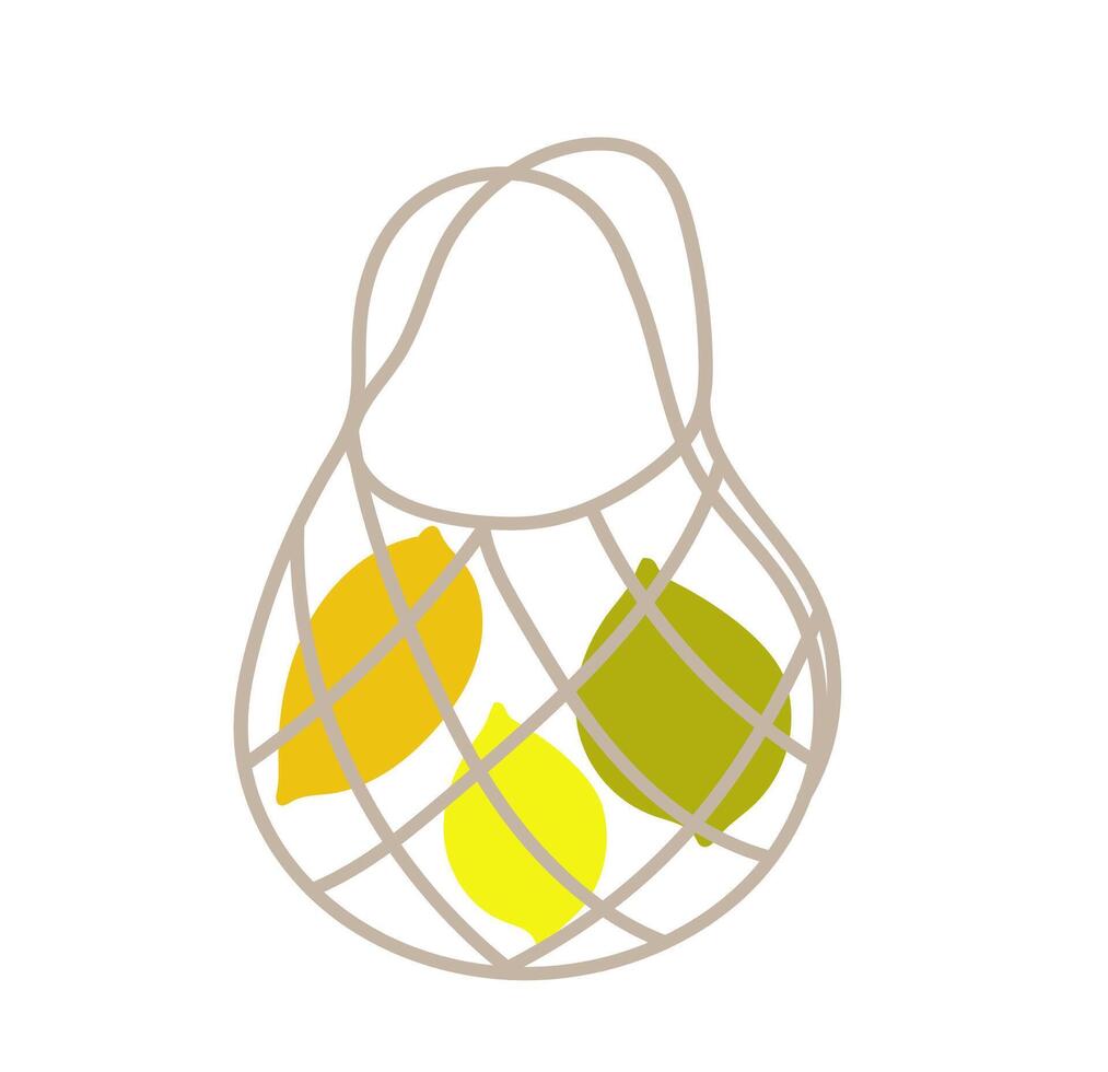 Eco Mesh or net bag full of fresh organic lemons. vector