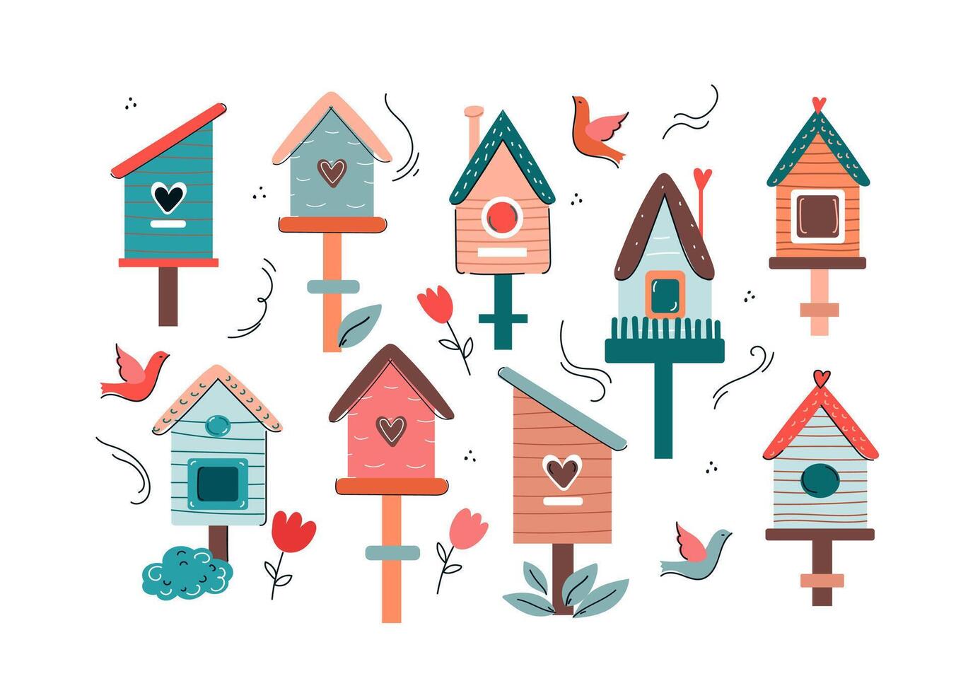 Set Cute houses or homes for birds on trees.  Cartoon flat Vector Illustration