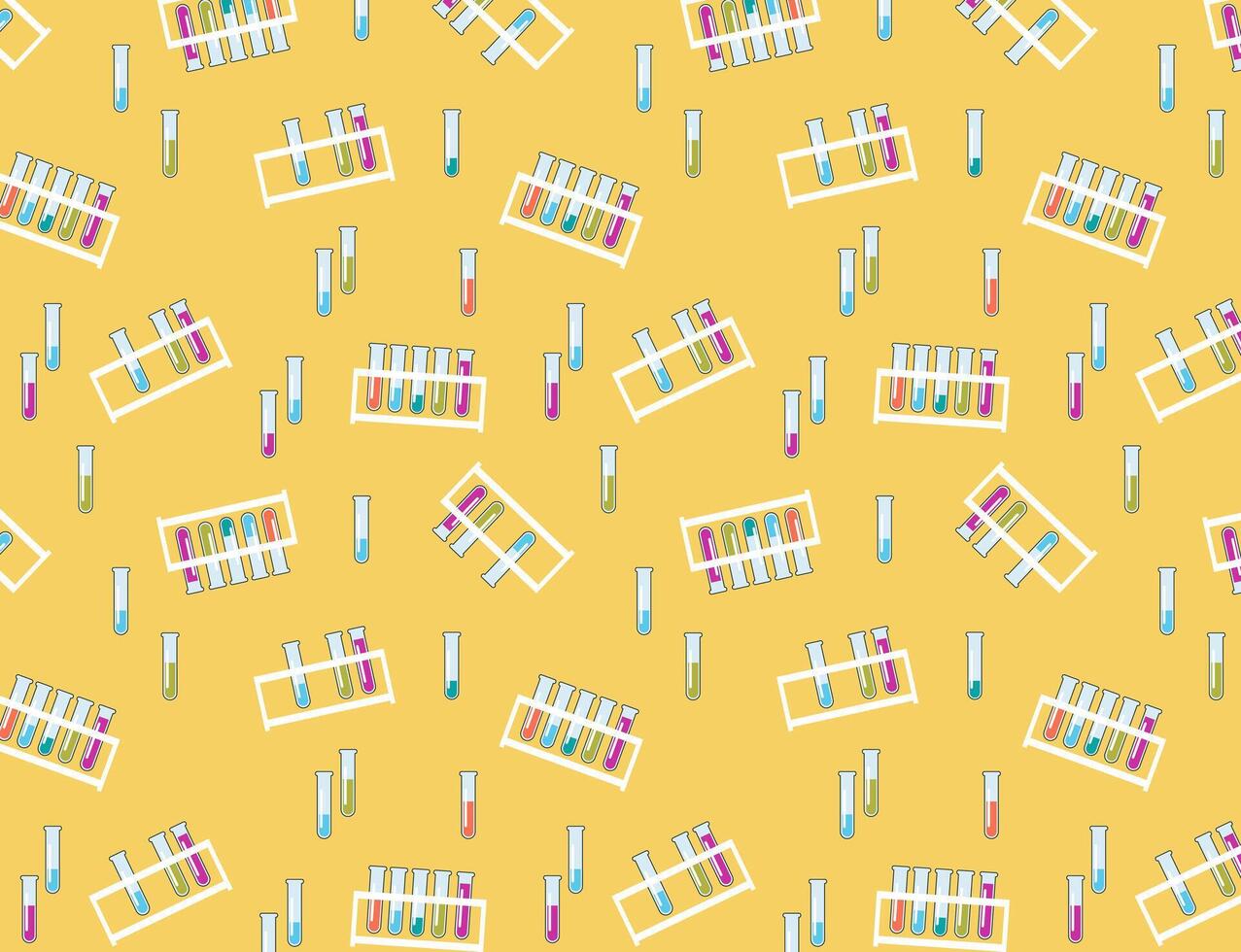 patternTest tubes with colorful liquids in holder on white background. Chemical equipment for experiments. Vector illustration in a flat style.