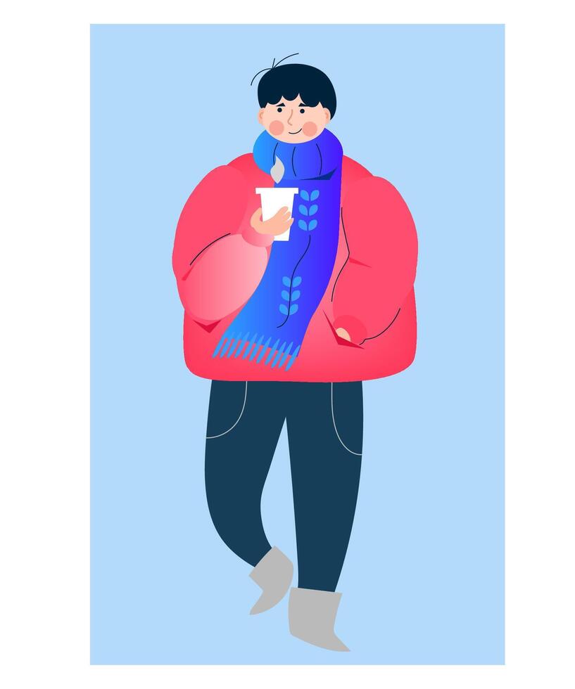 Young student man in winter clothes, warming with hot coffee. vector