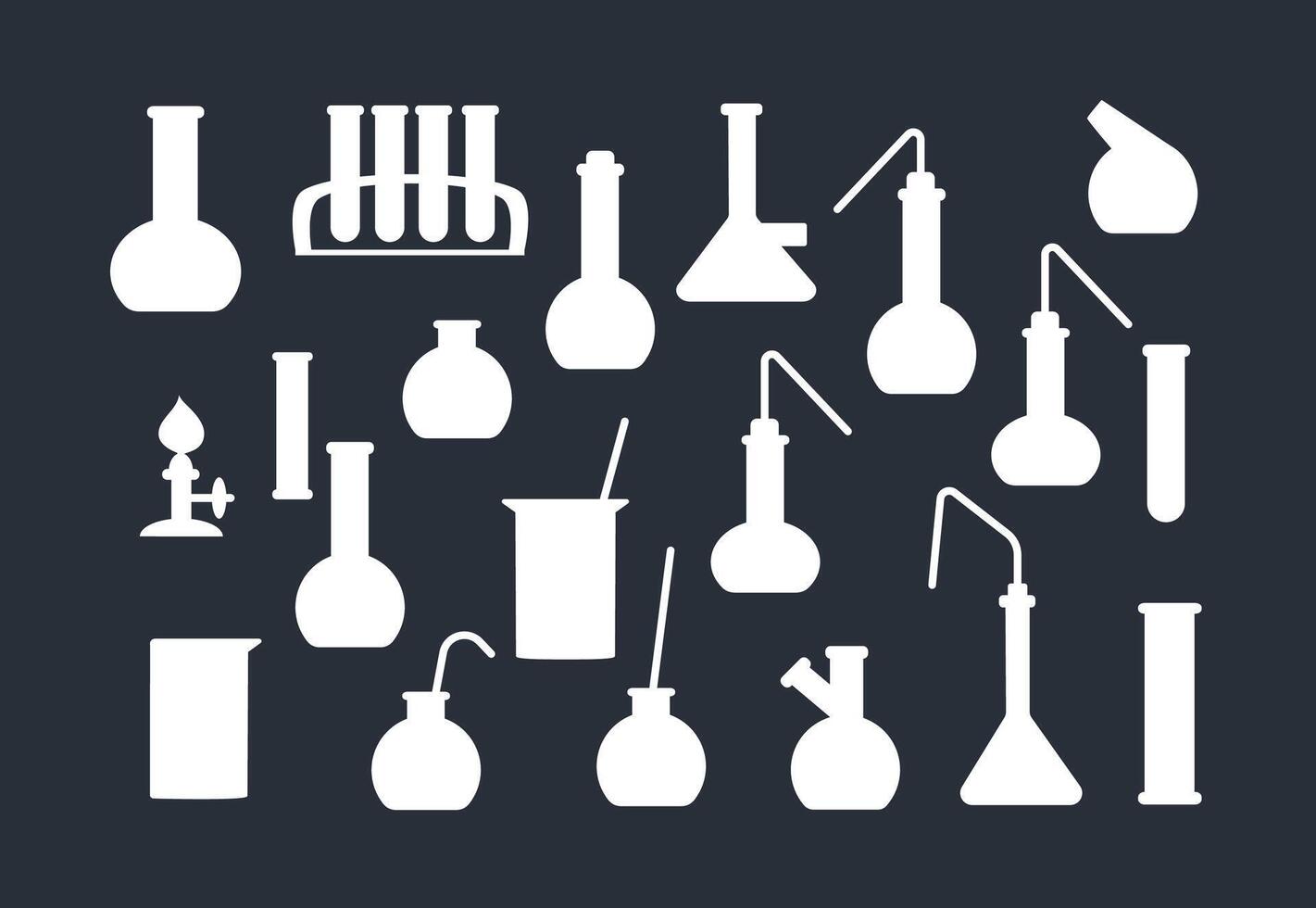 siluetas conjunto transparente vaso matraces y réplicas, cristalería para el químico laboratorio. vector