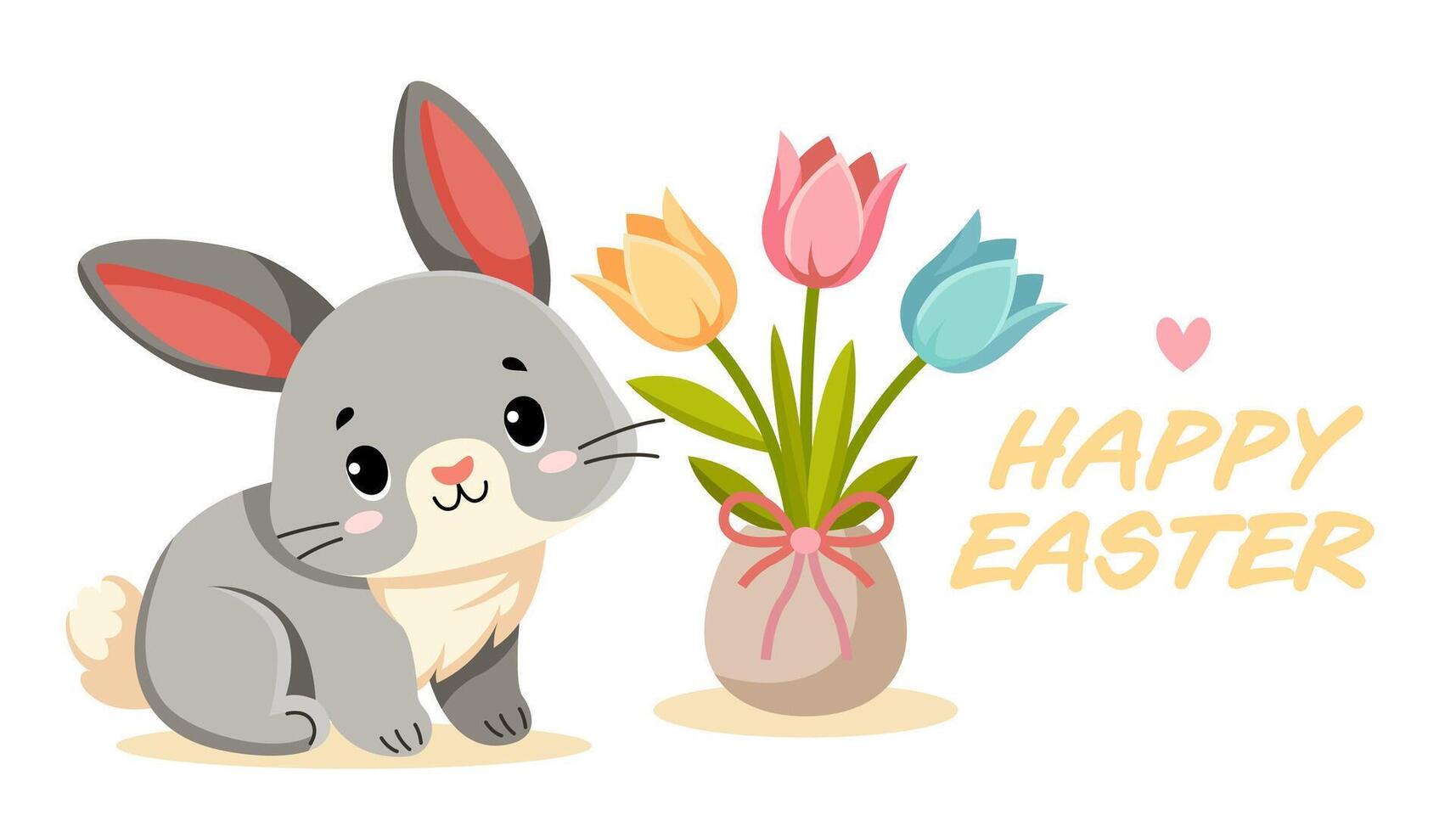 Rabbit sits next to a vase of tulips vector