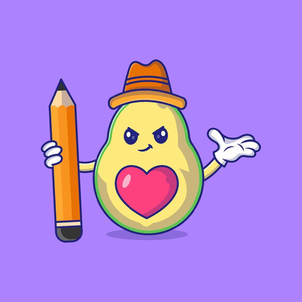 Cute Avocado Holding a pencil  Mascot Character Vector Icon Illustration